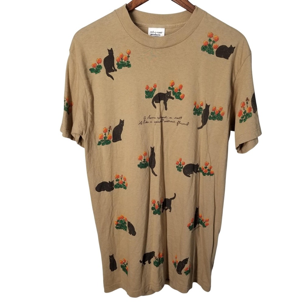 Vintage Painted Lady Cat Flower Cat Lady TShirt Tan Womens Medium USA‎ Made